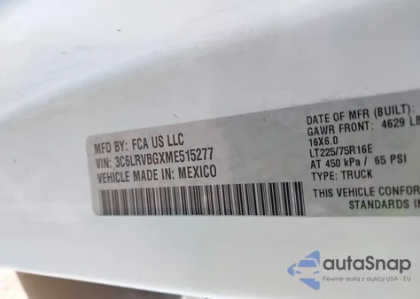 2021 Ram Promaster 1500 High Roof 136 Wb from USA, damaged, VIN 3C6LRVBGXME515277